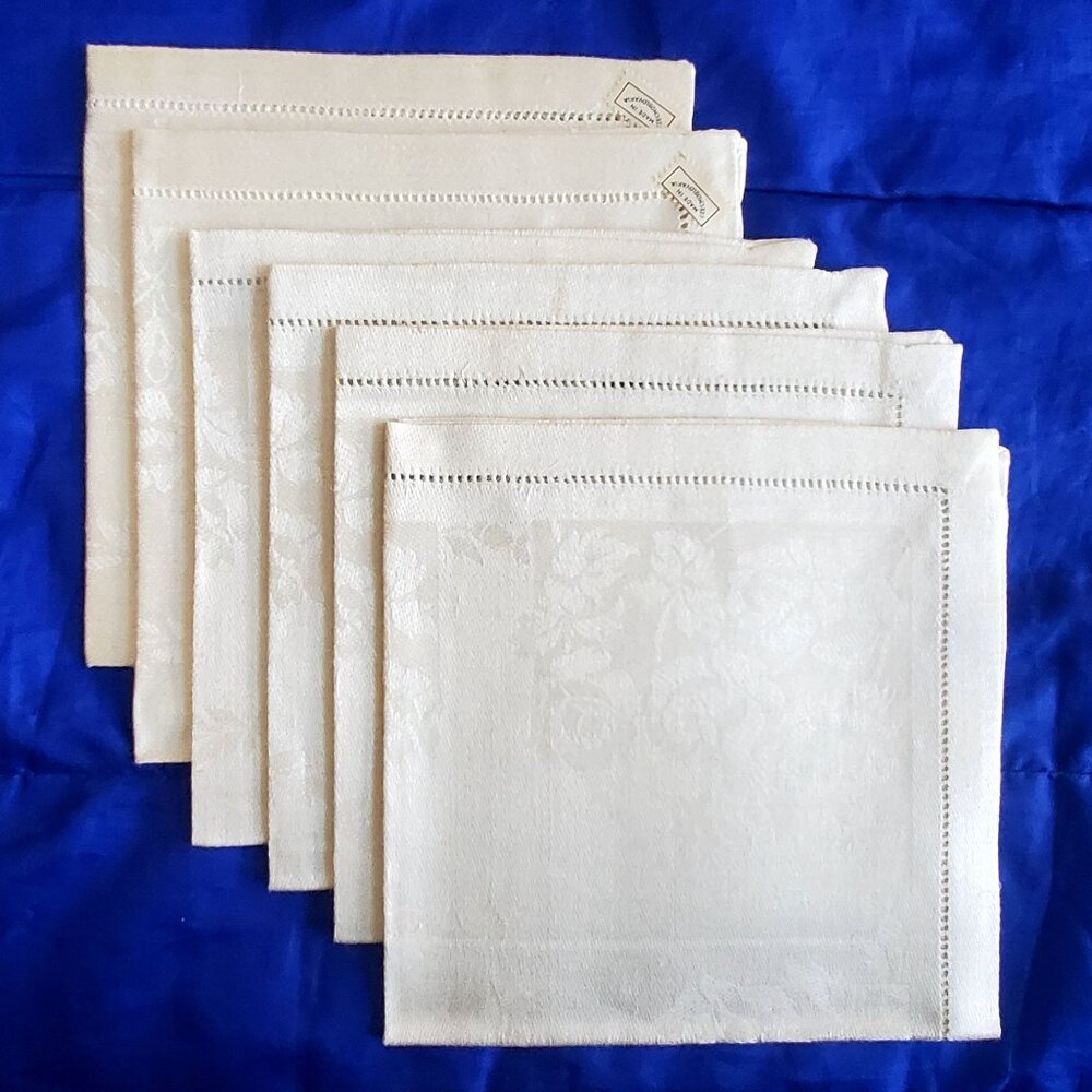6 NWT Vtg Linen Napkins Hudson Belk Box Floral Jacquard Made in Czechoslovakia